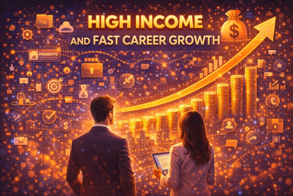 High income and fast career growth in digital marketing illustrated with rising graph, stacked coins, and professionals analyzing business performance.