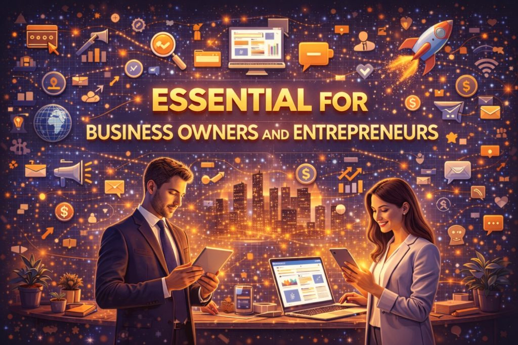 Digital marketing essentials for business owners and entrepreneurs showing professionals using laptops and smartphones with online growth, analytics, and marketing icons.