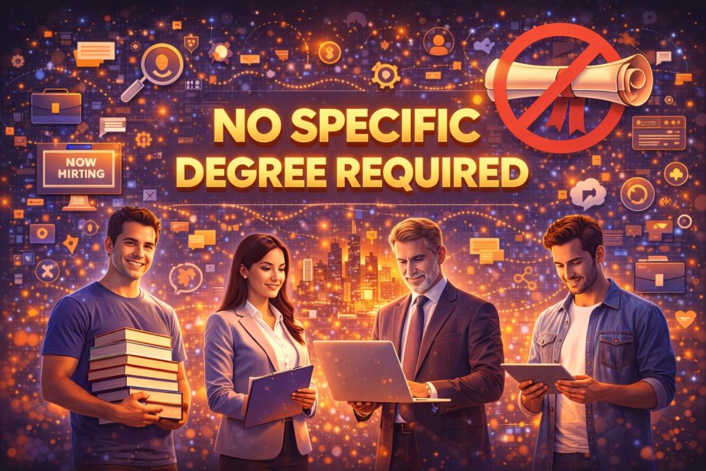No specific degree required for digital marketing careers, showing diverse professionals using laptops and tablets with online hiring and skill-based job icons.